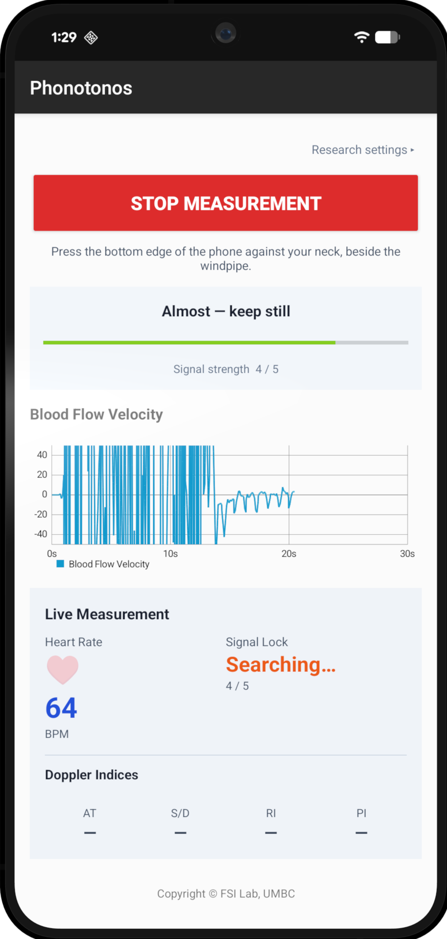 The application while searching for the artery, with the placement meter climbing.